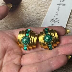 Vintage DIVA 1980s Art Deco Gold Tone and Green Stone Earrings